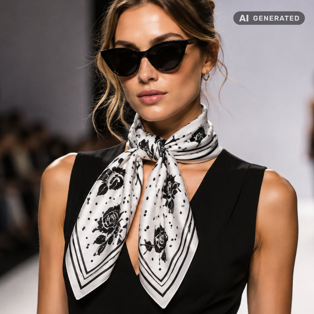 Midnight Roses Scarf, Ivory, 90 cm x 90 cm, 100% Silk