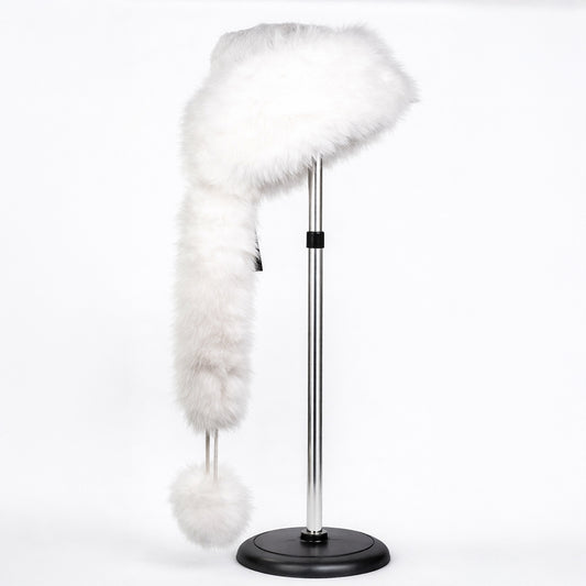 Bílá zimní čepice z umělé kožešiny se šálou – univerzální velikost