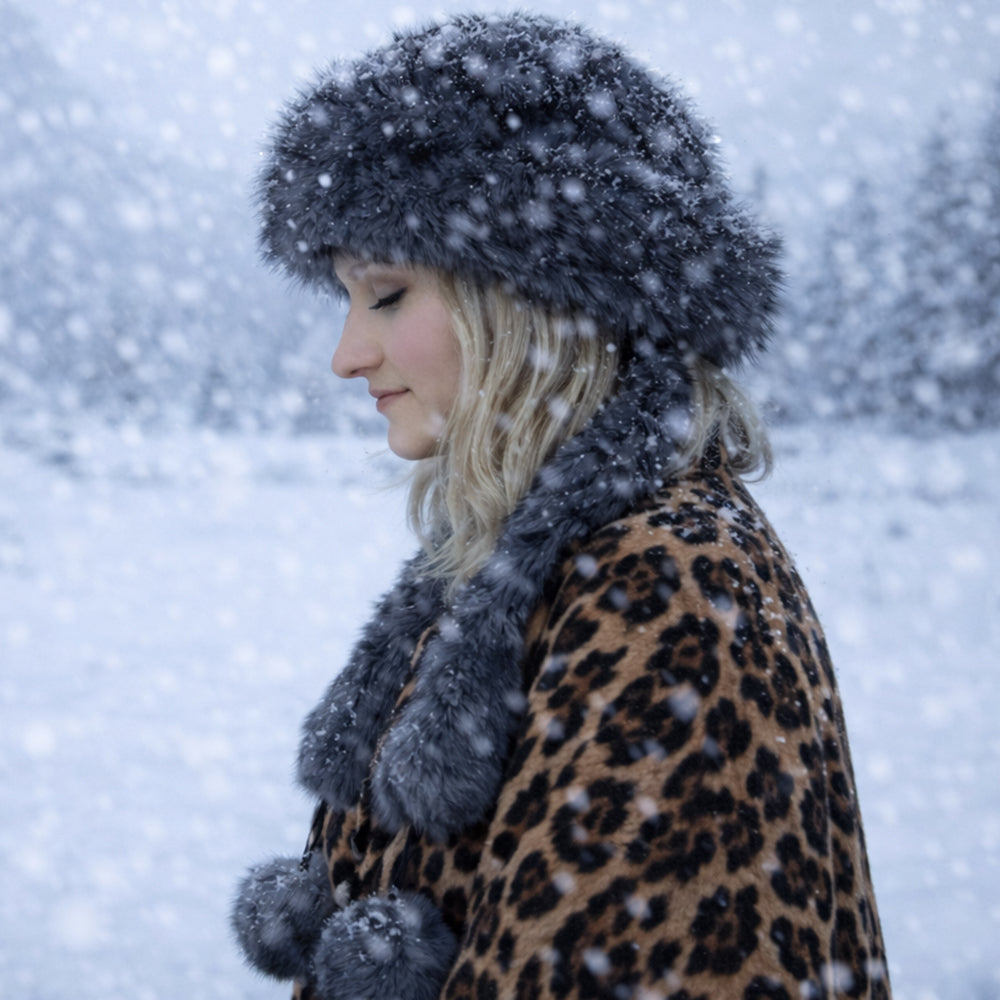 Stříbrná zimní čepice s umělou kožešinou a šálou – univerzální velikost 5 