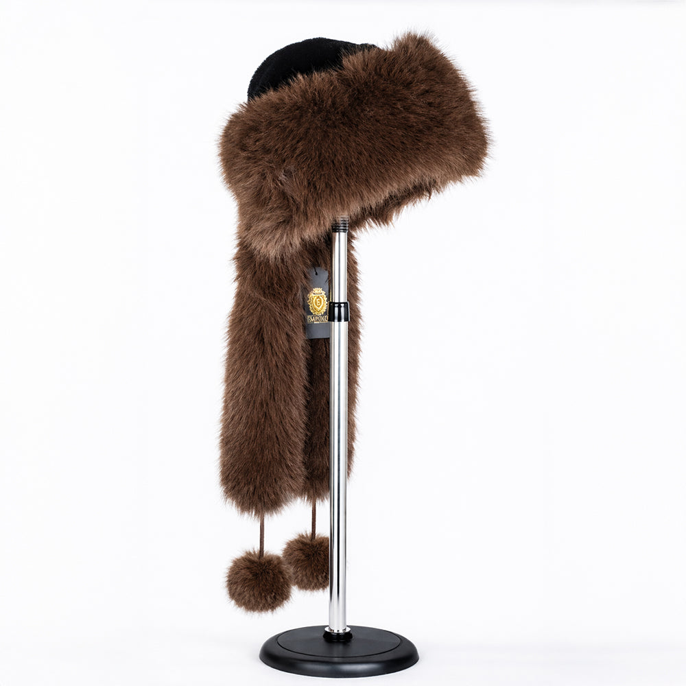 Hnědá zimní čepice s umělou kožešinou a šálou – univerzální velikost 1 