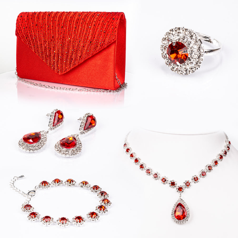 Pozlacený Slitinový Kabelka s Červeným Emporia® Křišťálem a Bílým Emporia® Křišťálem ( Náhrdelník+Náušnice+Náramek+Prsten ) 1 