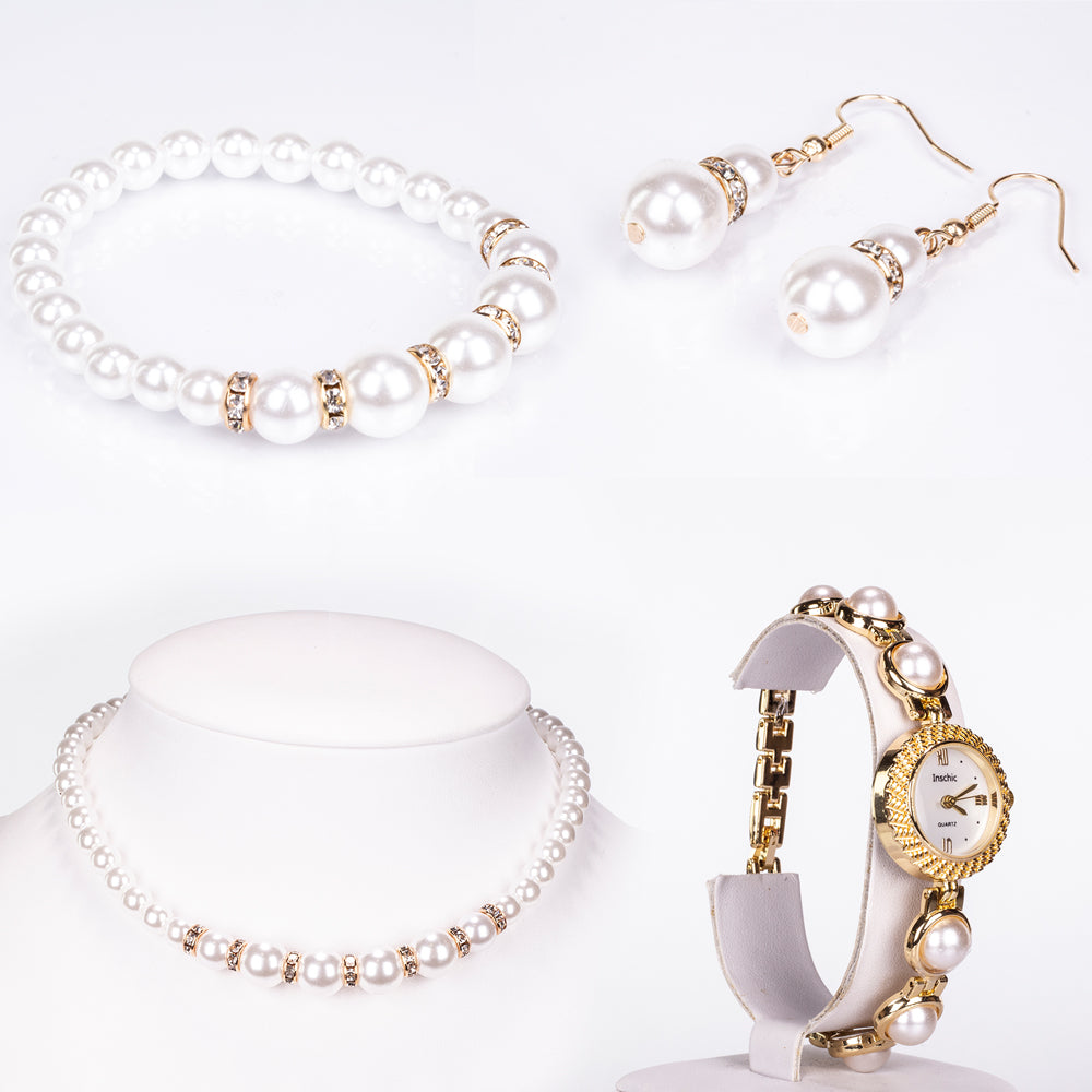 Pozlacený Slitinový Hodinky s Bílým Emporia® Křišťálem ( Náhrdelník+Náušnice+Náramek )