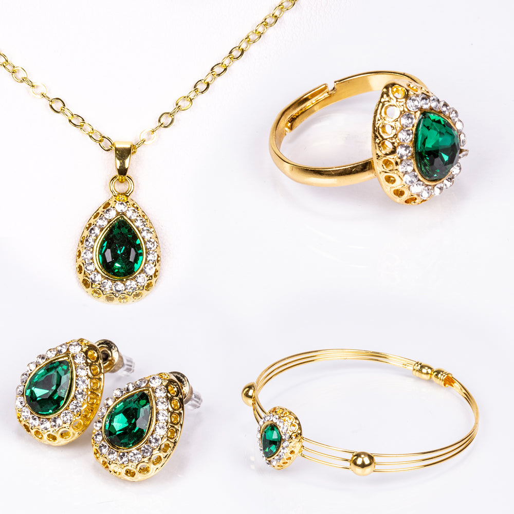 Pozlacená Slitinová Sada se Zeleným Emporia® Křišťálem a Bílým Emporia® Křišťálem ( Náhrdelník+Náušnice+Náramek+Prsten+Přívěsek ) 1 