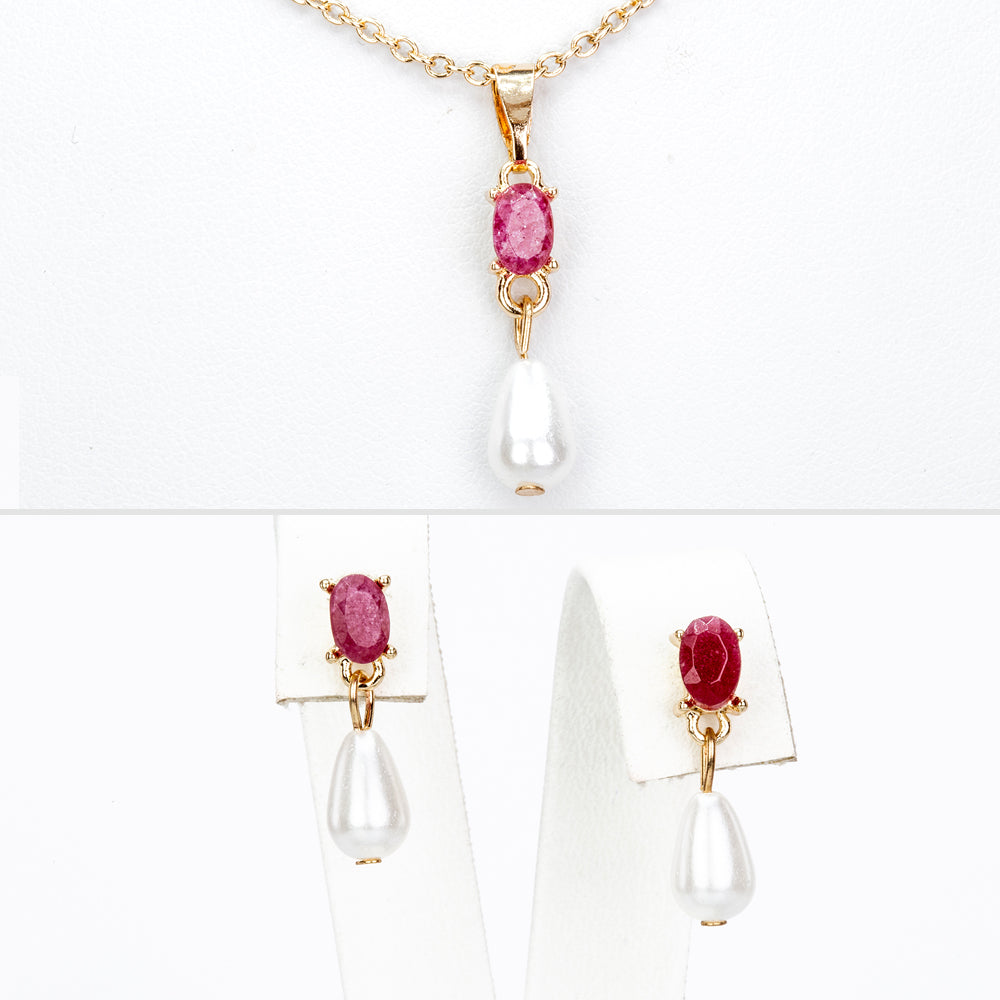 Pozlacená slitina - Sada s Rubínem a se Skleněná Perla - Karátové číslo: 1.8. přibližná hmotnost: 6 gramů ( Náhrdelník+Náušnice+Přívěsek )