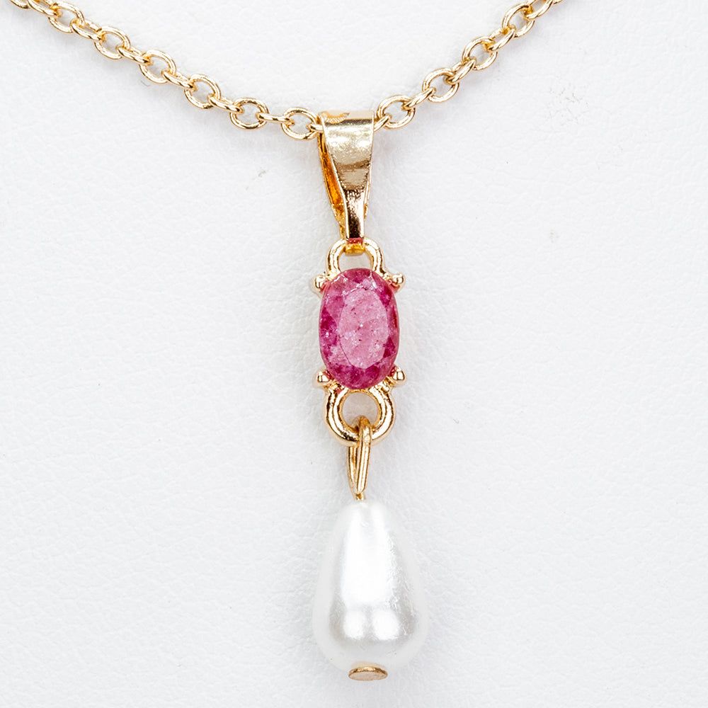 Pozlacená slitina - Sada s Rubínem a se Skleněná Perla - Karátové číslo: 1.8. přibližná hmotnost: 6 gramů ( Náhrdelník+Náušnice+Přívěsek ) 2 