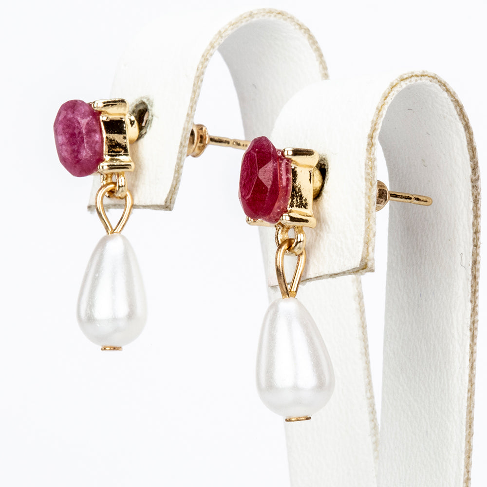 Pozlacená slitina - Sada s Rubínem a se Skleněná Perla - Karátové číslo: 1.8. přibližná hmotnost: 6 gramů ( Náhrdelník+Náušnice+Přívěsek ) 3 