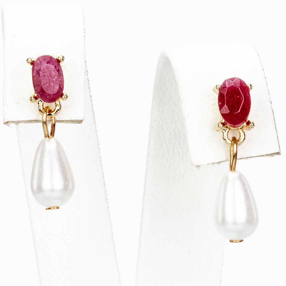 Pozlacená slitina - Sada s Rubínem a se Skleněná Perla - Karátové číslo: 1.8. přibližná hmotnost: 6 gramů ( Náhrdelník+Náušnice+Přívěsek ) 4 