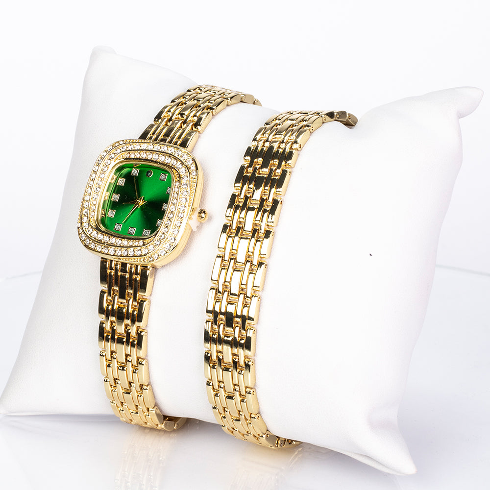Pozlacená slitina - Hodinky se Smaragdem a Bílým Emporia® Křišťálem - Karátové číslo: 0.02. přibližná hmotnost: 100 gramů ( Náramek ) 1 