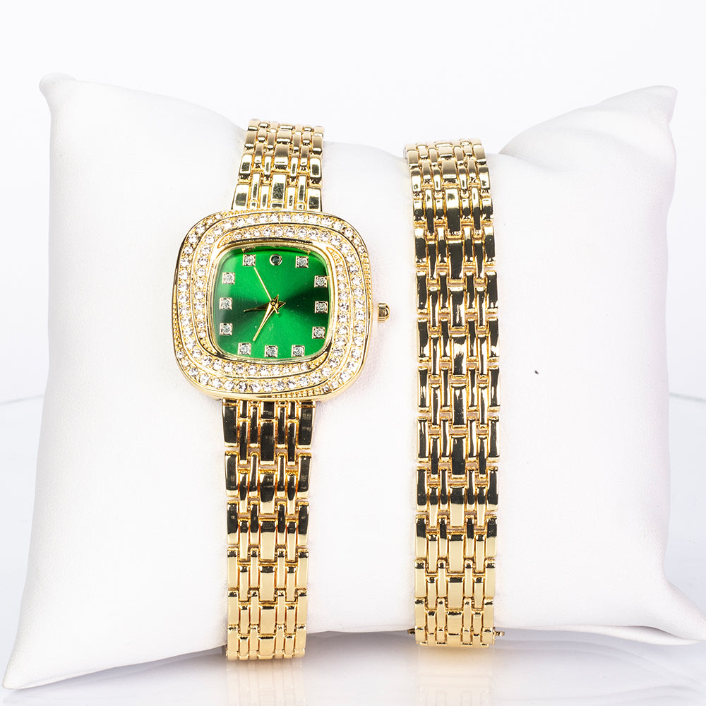 Pozlacená slitina - Hodinky se Smaragdem a Bílým Emporia® Křišťálem - Karátové číslo: 0.02. přibližná hmotnost: 100 gramů ( Náramek )