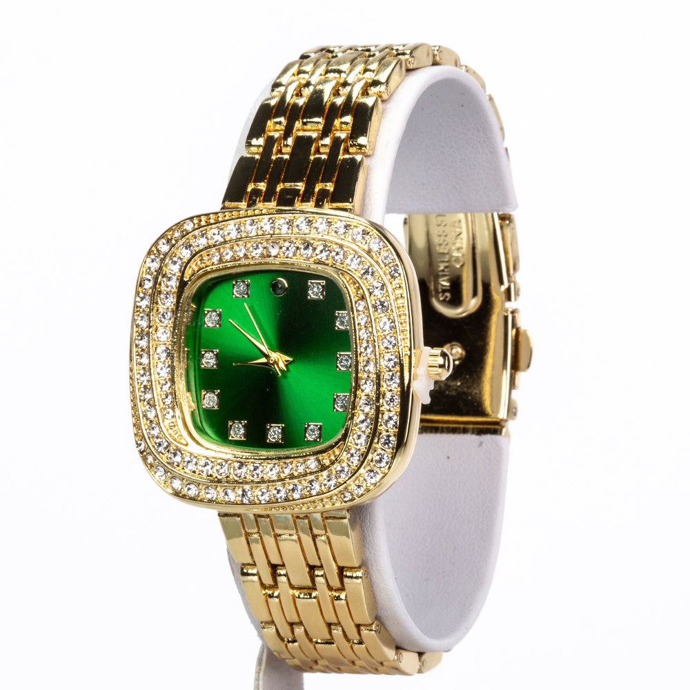 Pozlacená slitina - Hodinky se Smaragdem a Bílým Emporia® Křišťálem - Karátové číslo: 0.02. přibližná hmotnost: 100 gramů ( Náramek )