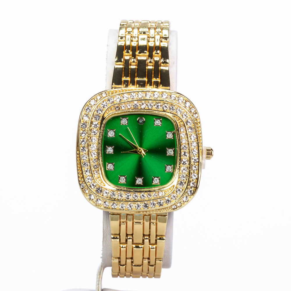 Pozlacená slitina - Hodinky se Smaragdem a Bílým Emporia® Křišťálem - Karátové číslo: 0.02. přibližná hmotnost: 100 gramů ( Náramek ) 8 