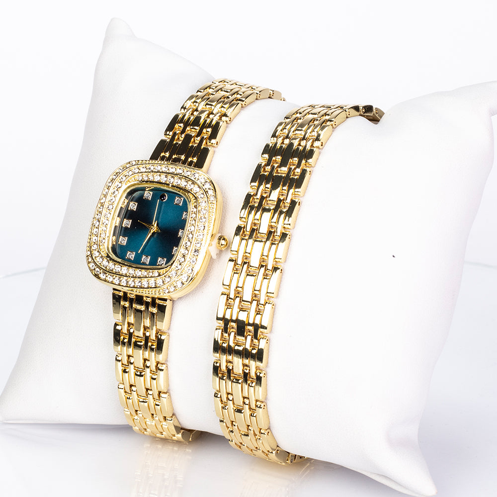 Pozlacená slitina - Hodinky se Safírem a Bílým Emporia® Křišťálem - Karátové číslo: 0.03. přibližná hmotnost: 100 gramů ( Náramek ) 1 