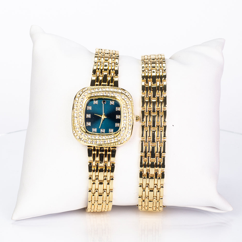 Pozlacená slitina - Hodinky se Safírem a Bílým Emporia® Křišťálem - Karátové číslo: 0.03. přibližná hmotnost: 100 gramů ( Náramek )