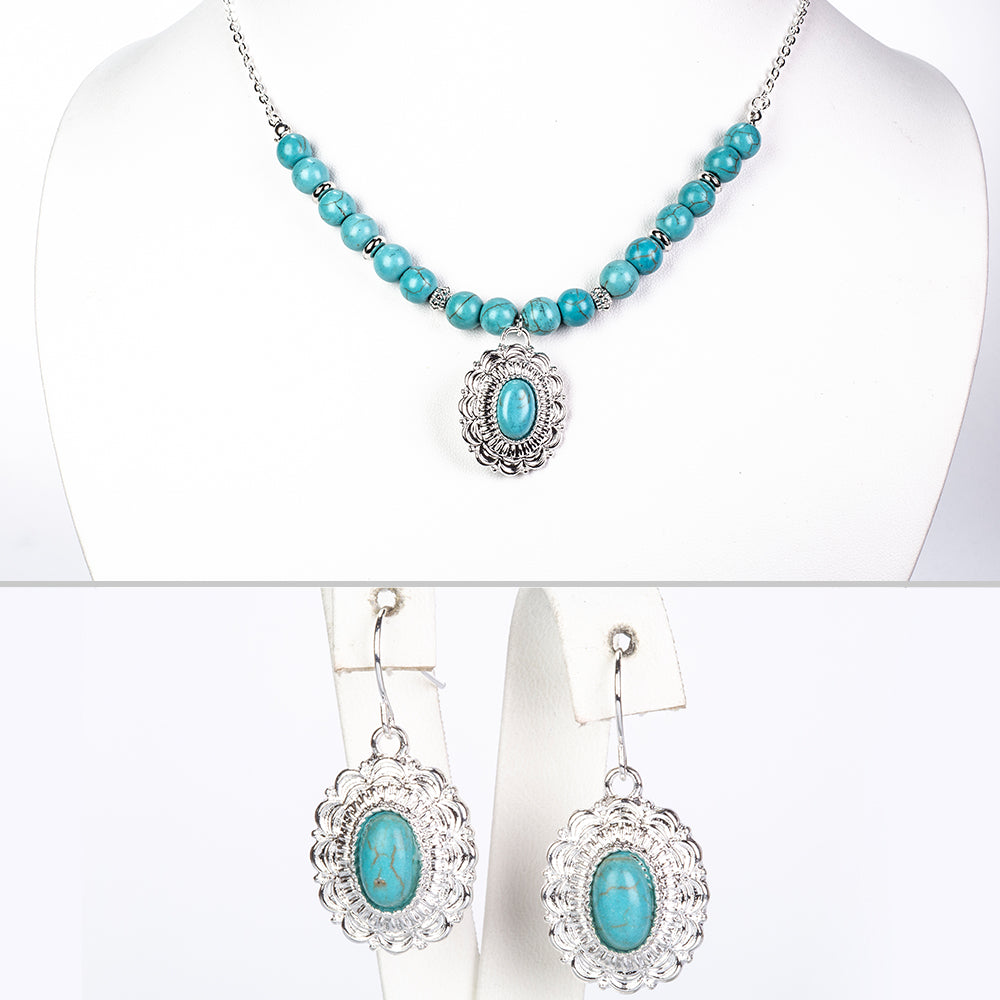 Pozlacená slitina - Sada s Tyrkysem - Karátové číslo: 67.75. přibližná hmotnost: 28 gramů ( Náhrdelník+Náušnice ) 1 