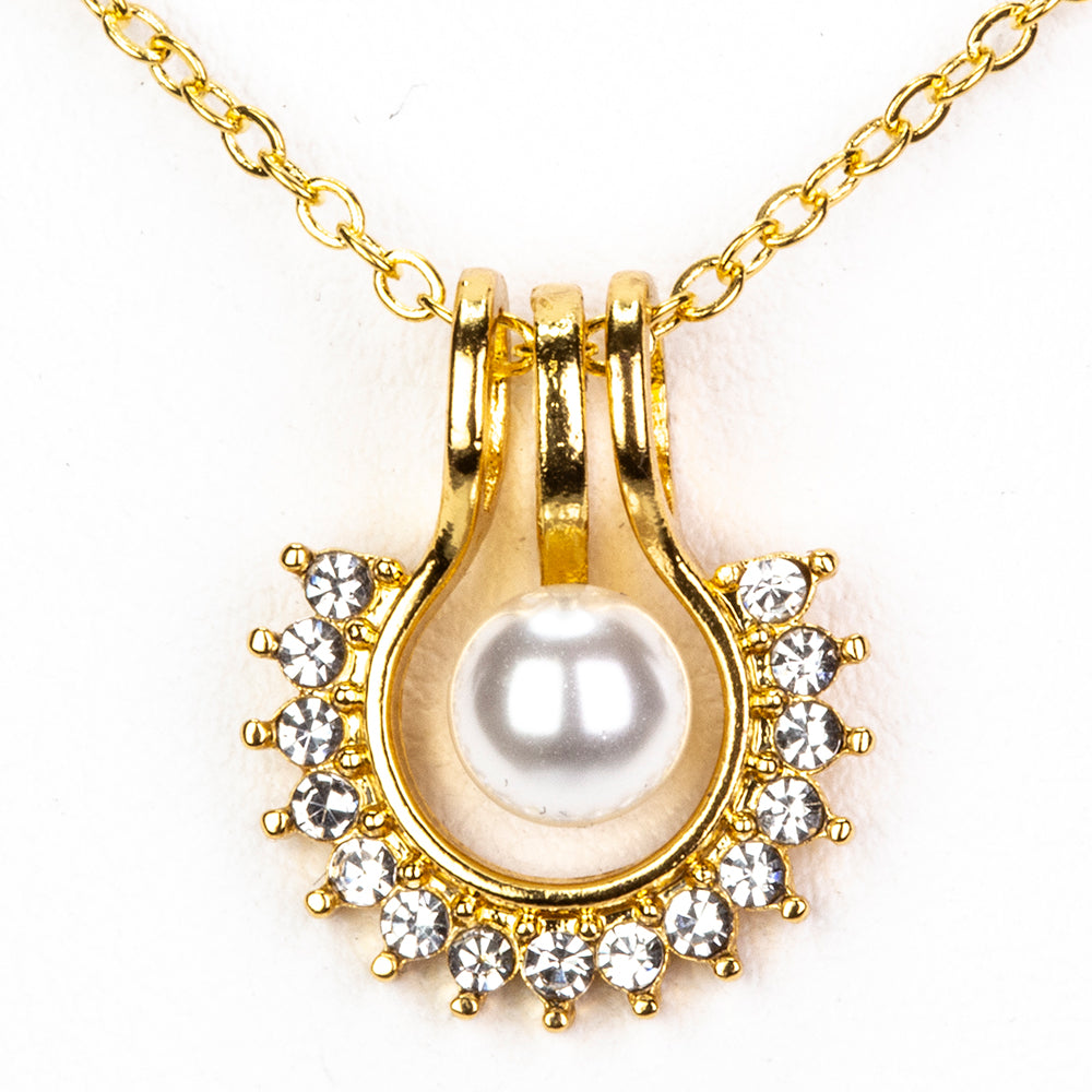 Pozlacená slitina - Sada s Bílou Sladkovodní Perlou a Bílým Emporia® Křišťálem - Karátové číslo: 3.41. přibližná hmotnost: 10 gramů ( Náhrdelník+Náušnice+Přívěsek )