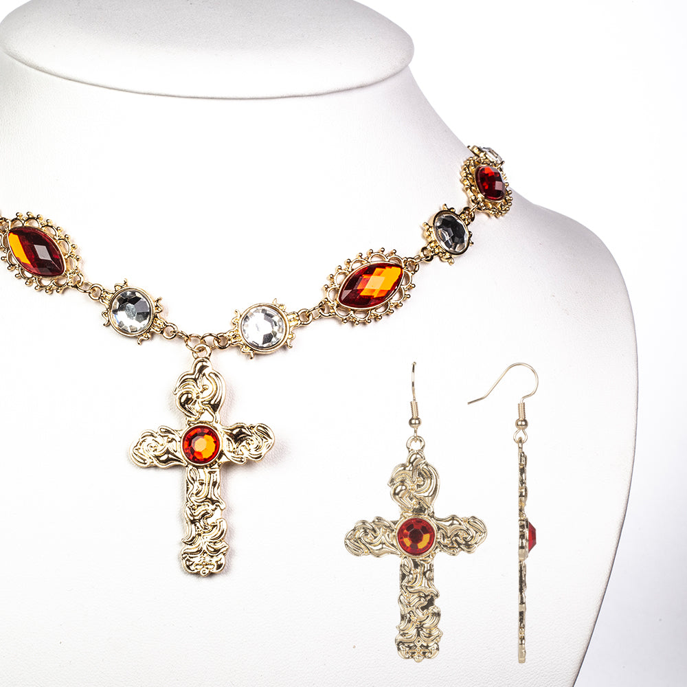 Pozlacená slitina - Sada s Červeným Emporia® Křišťálem a Bílým Emporia® Křišťálem - Karátové číslo: 122.5. přibližná hmotnost: 5 gramů ( Náhrdelník+Náušnice+Přívěsek ) 1 