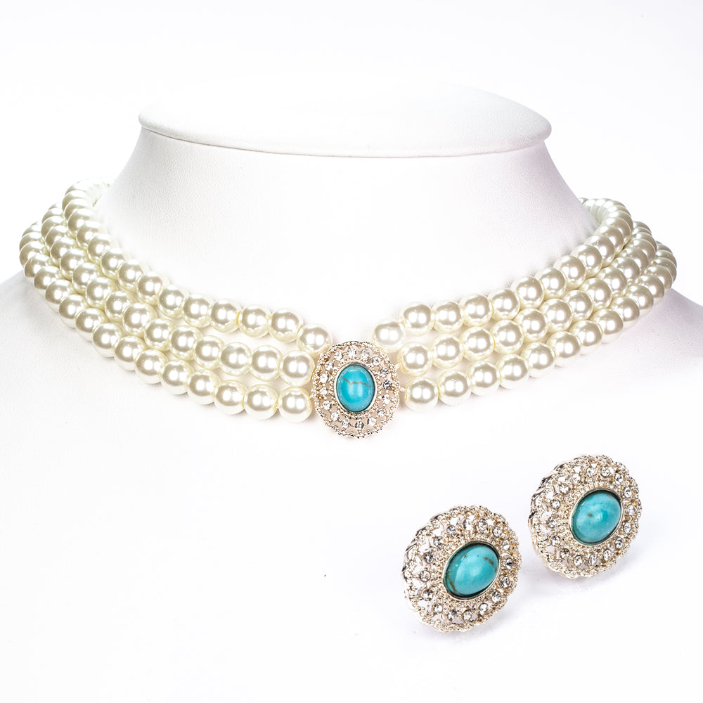 Pozlacená slitina - Sada se Skleněná Perla a Tyrkysem - Karátové číslo: 65.9. přibližná hmotnost: 115 gramů ( Náhrdelník+Náušnice )