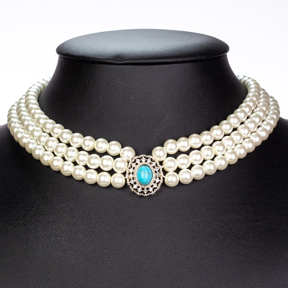 Pozlacená slitina - Sada se Skleněná Perla a Tyrkysem - Karátové číslo: 65.9. přibližná hmotnost: 115 gramů ( Náhrdelník+Náušnice ) 5 