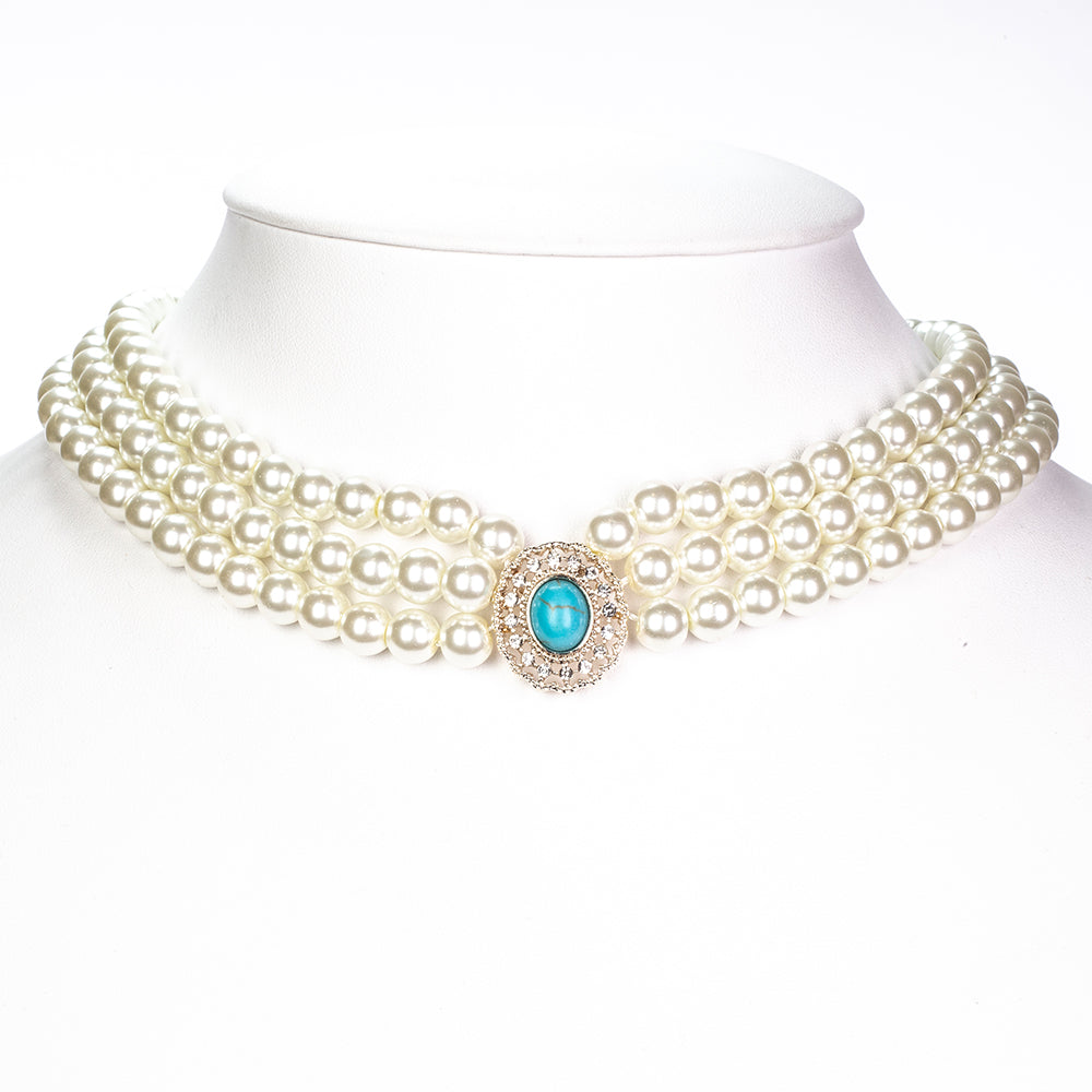 Pozlacená slitina - Sada se Skleněná Perla a Tyrkysem - Karátové číslo: 65.9. přibližná hmotnost: 115 gramů ( Náhrdelník+Náušnice ) 6 