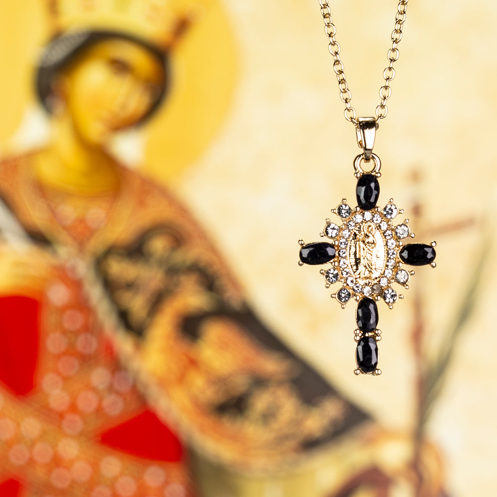 Kříž Pozlacený Slitinový Náhrdelník se Safírem a Bílým Emporia® Křišťálem ( Náhrdelník+Přívěsek ) 2 