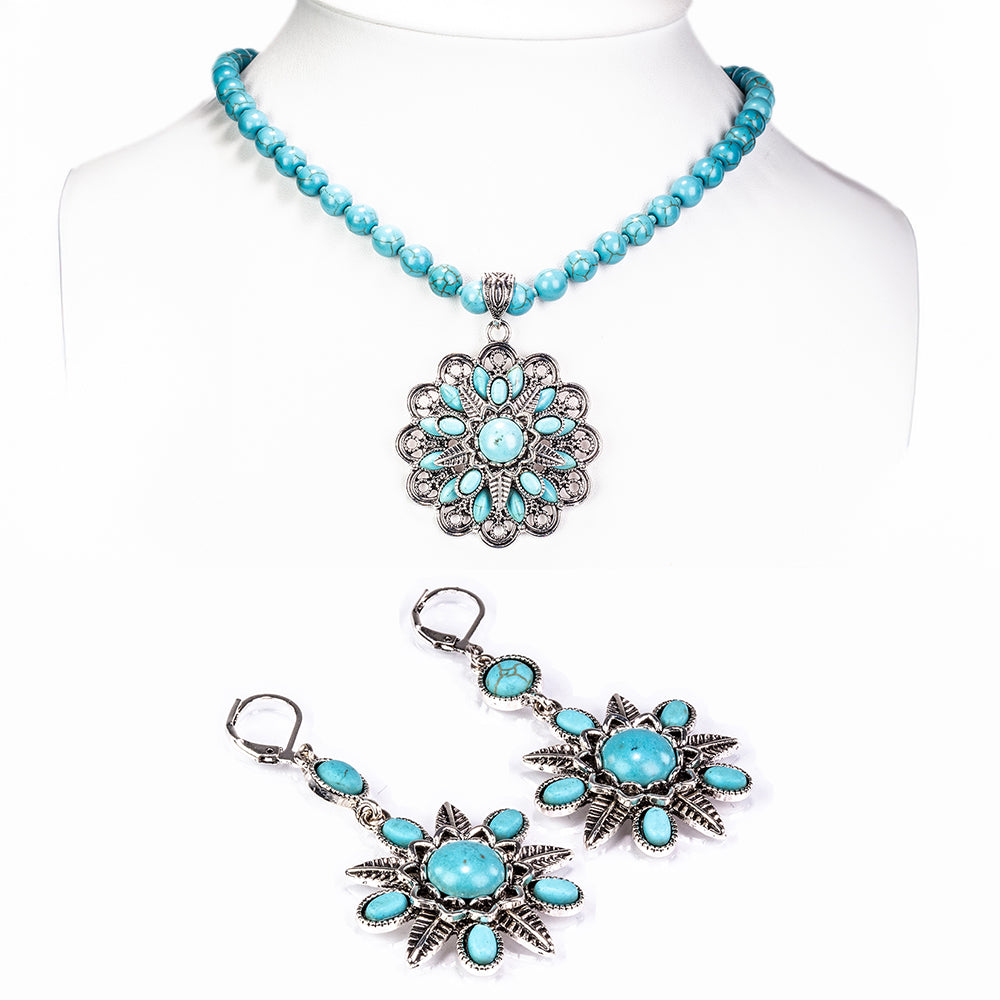 Pozlacená slitina - Sada s Tyrkysem - Karátové číslo: 215.32. přibližná hmotnost: 17 gramů ( Náhrdelník+Náušnice )