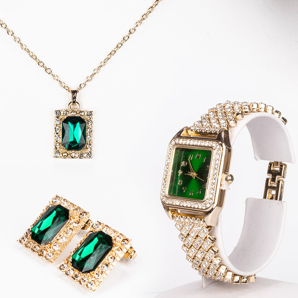 Pozlacená slitina - Hodinky se Zeleným Emporia® Křišťálem a Bílým Emporia® Křišťálem - Karátové číslo: 12. přibližná hmotnost: 57 gramů ( Náhrdelník+Náušnice+Přívěsek ) 1 