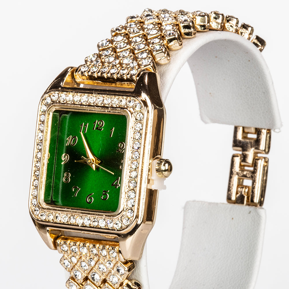 Pozlacená slitina - Hodinky se Zeleným Emporia® Křišťálem a Bílým Emporia® Křišťálem - Karátové číslo: 12. přibližná hmotnost: 57 gramů ( Náhrdelník+Náušnice+Přívěsek ) 6 