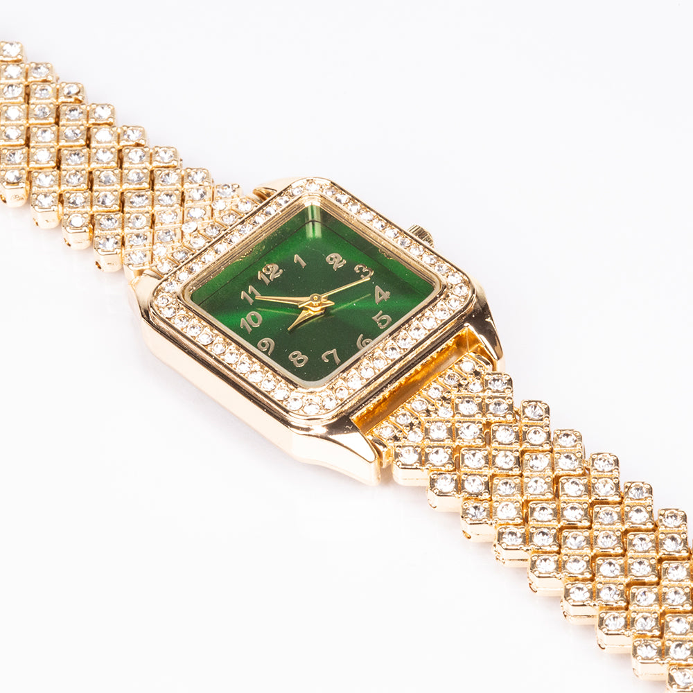 Pozlacená slitina - Hodinky se Zeleným Emporia® Křišťálem a Bílým Emporia® Křišťálem - Karátové číslo: 12. přibližná hmotnost: 57 gramů ( Náhrdelník+Náušnice+Přívěsek )