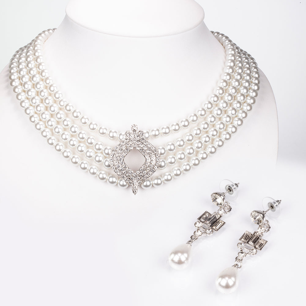 Pozlacená slitina - Sada se Skleněná Perla a Bílým Emporia® Křišťálem - Karátové číslo: 442.7. přibližná hmotnost: 20 gramů ( Náhrdelník+Náušnice ) 1 