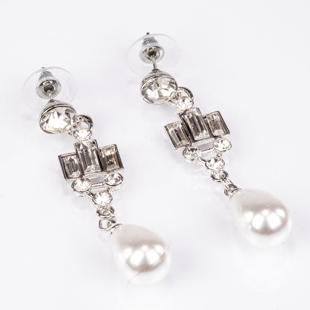 Pozlacená slitina - Sada se Skleněná Perla a Bílým Emporia® Křišťálem - Karátové číslo: 442.7. přibližná hmotnost: 20 gramů ( Náhrdelník+Náušnice )