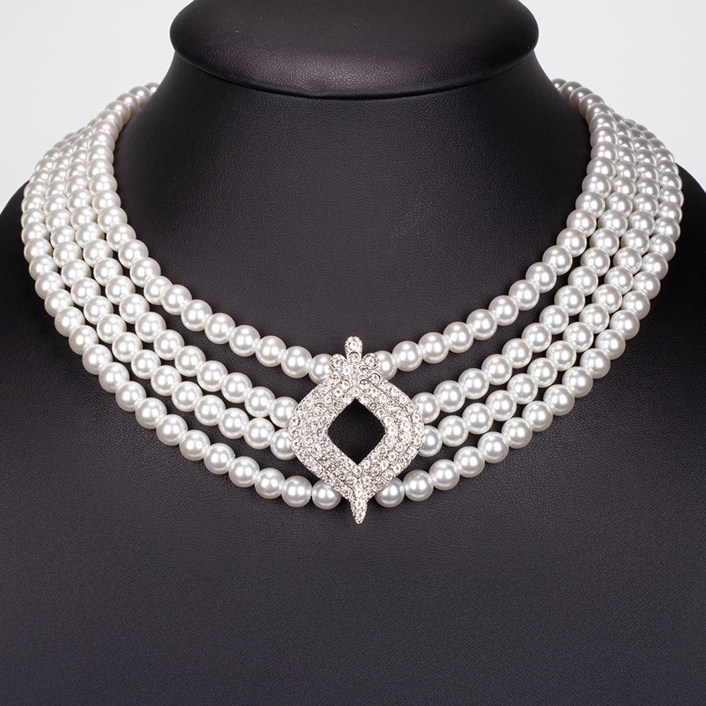 Pozlacená slitina - Sada se Skleněná Perla a Bílým Emporia® Křišťálem - Karátové číslo: 442.7. přibližná hmotnost: 20 gramů ( Náhrdelník+Náušnice )