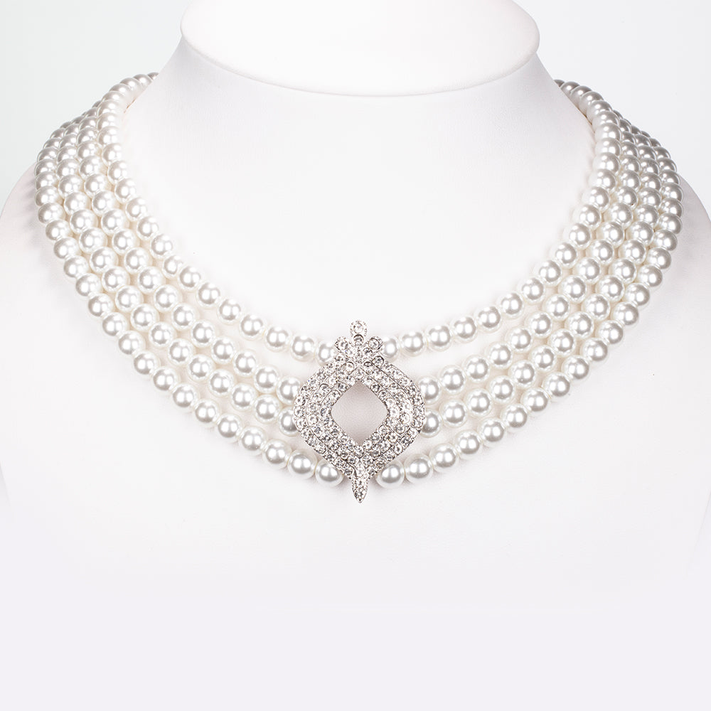 Pozlacená slitina - Sada se Skleněná Perla a Bílým Emporia® Křišťálem - Karátové číslo: 442.7. přibližná hmotnost: 20 gramů ( Náhrdelník+Náušnice )