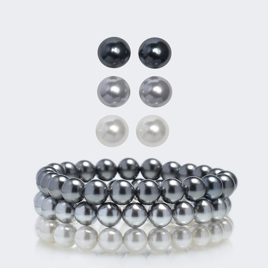 Stříbrná Sada s Sladkovodní stříbrná perla a Sladkovodní šedá perla (Náušnice+Náramek)