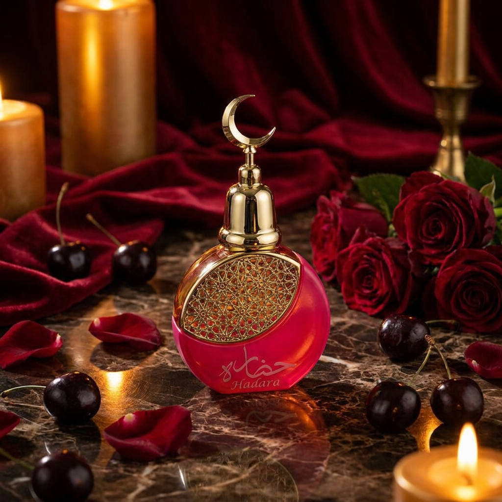100 ml Eau de Perfume Oriental HADARA (TOP: CHERRY, AMARETTO NUTMEG; MIDDLE: ROSE, BENZOIN; BASE: PATCHOULI, MUSK, VANILLA, AMBER)