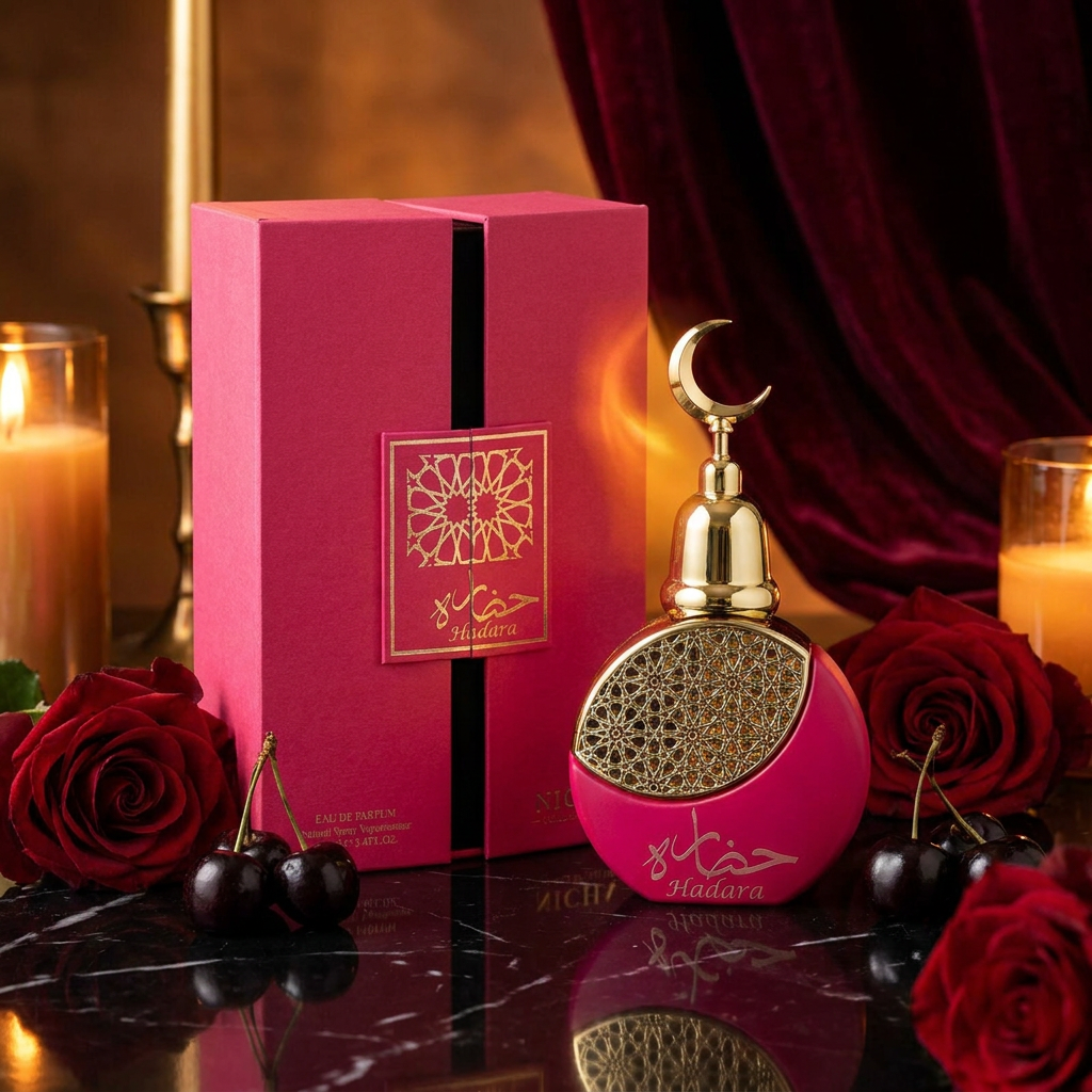 100 ml Eau de Perfume Oriental HADARA (TOP: CHERRY, AMARETTO NUTMEG; MIDDLE: ROSE, BENZOIN; BASE: PATCHOULI, MUSK, VANILLA, AMBER) 4 