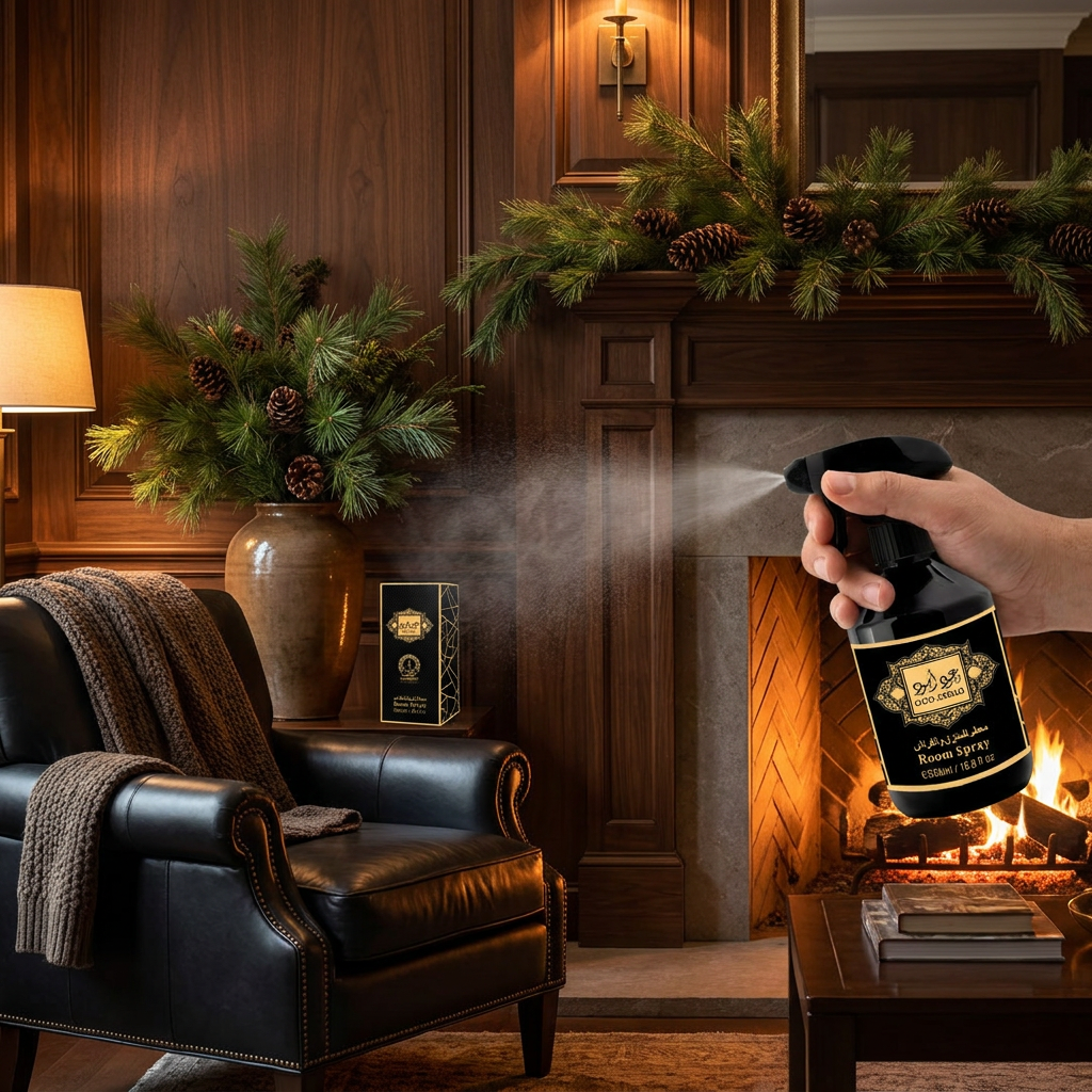 Room Spray ASWAD 500 ML (TOP: BLACK PEPPER, CYPRESS, PINEAPPLE, PINE, ROSEMARY; MIDDLE: FIRBALSAM, PATCHOULI, INCENSE; BASE: LABDANUM, AMBER, CITRUS, CASHMERE WOOD, VANILLA, DRY WOODS)