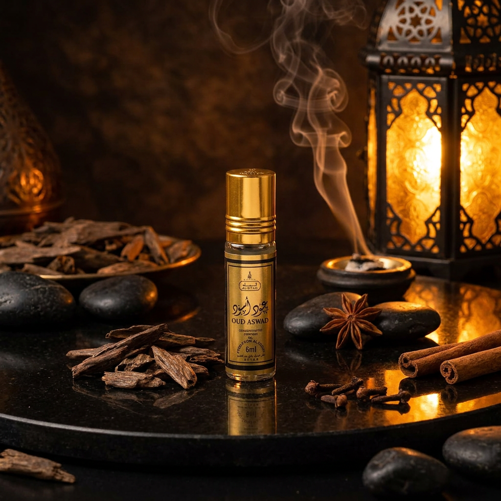 OUD ASWAD 6 ml perfume oil (TOP: PINK GRAPEFRUIT, CLARY SAGE, CARDAMOM; MIDDLE: RED GINGER, ORRIS, PATCHOULI; BASE: AGARWOOD, BLACK MUSK, AMBERGRIS, LABDAMUM, TONKA BEAN) 4 