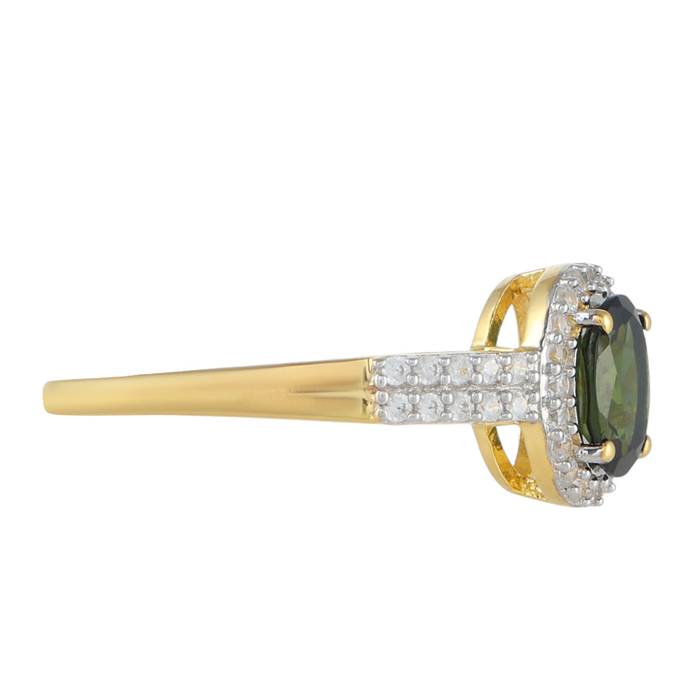 Pozlacené Stříbro 925/1000 - Prsten se Zeleným Turmalínem a Přírodním Zirkonem - Karátové číslo: 1.14. přibližná hmotnost: 2.15 gramů