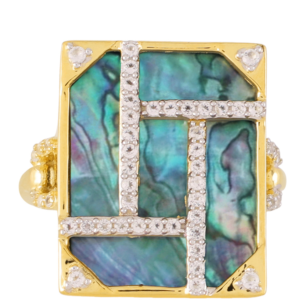 Pozlacené Stříbro 925/1000 - Prsten s Mušlí Paua a Bílým Topazem - Karátové číslo: 6.17. přibližná hmotnost: 5.84 gramů 1 