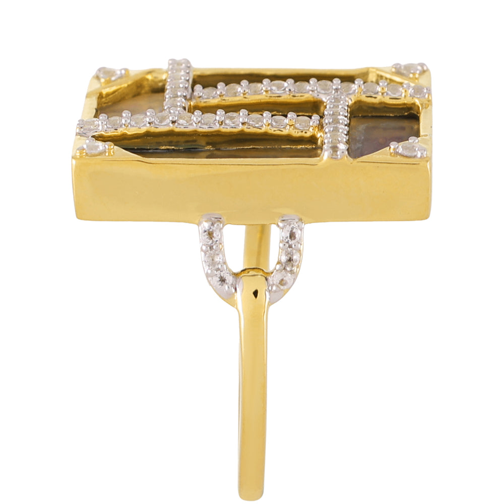 Pozlacené Stříbro 925/1000 - Prsten s Mušlí Paua a Bílým Topazem - Karátové číslo: 6.17. přibližná hmotnost: 5.84 gramů 3 