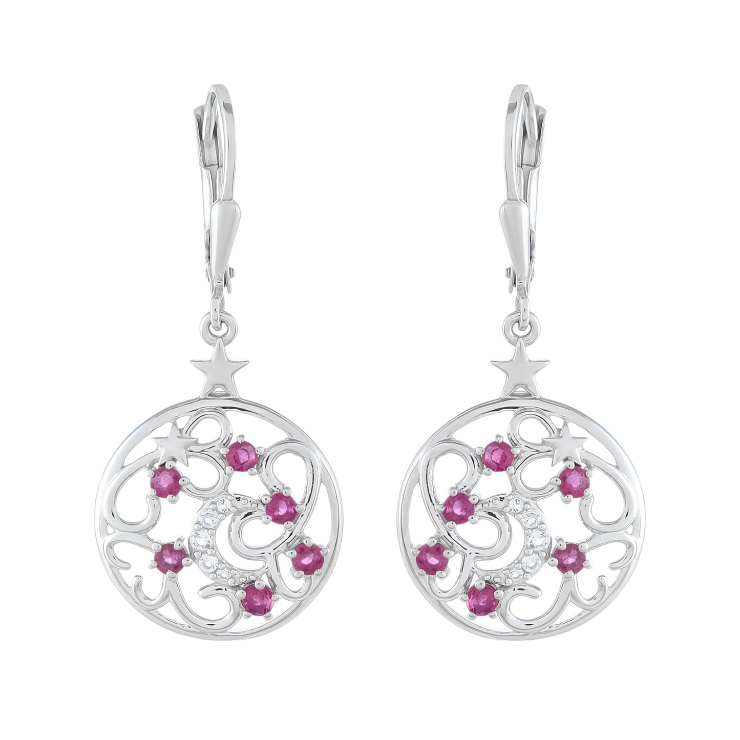 Stříbro 925/1000 - Náušnice s Thajským Rubínem a Bílým Topazem - Karátové číslo: 0.77. přibližná hmotnost: 3.91 gramů
