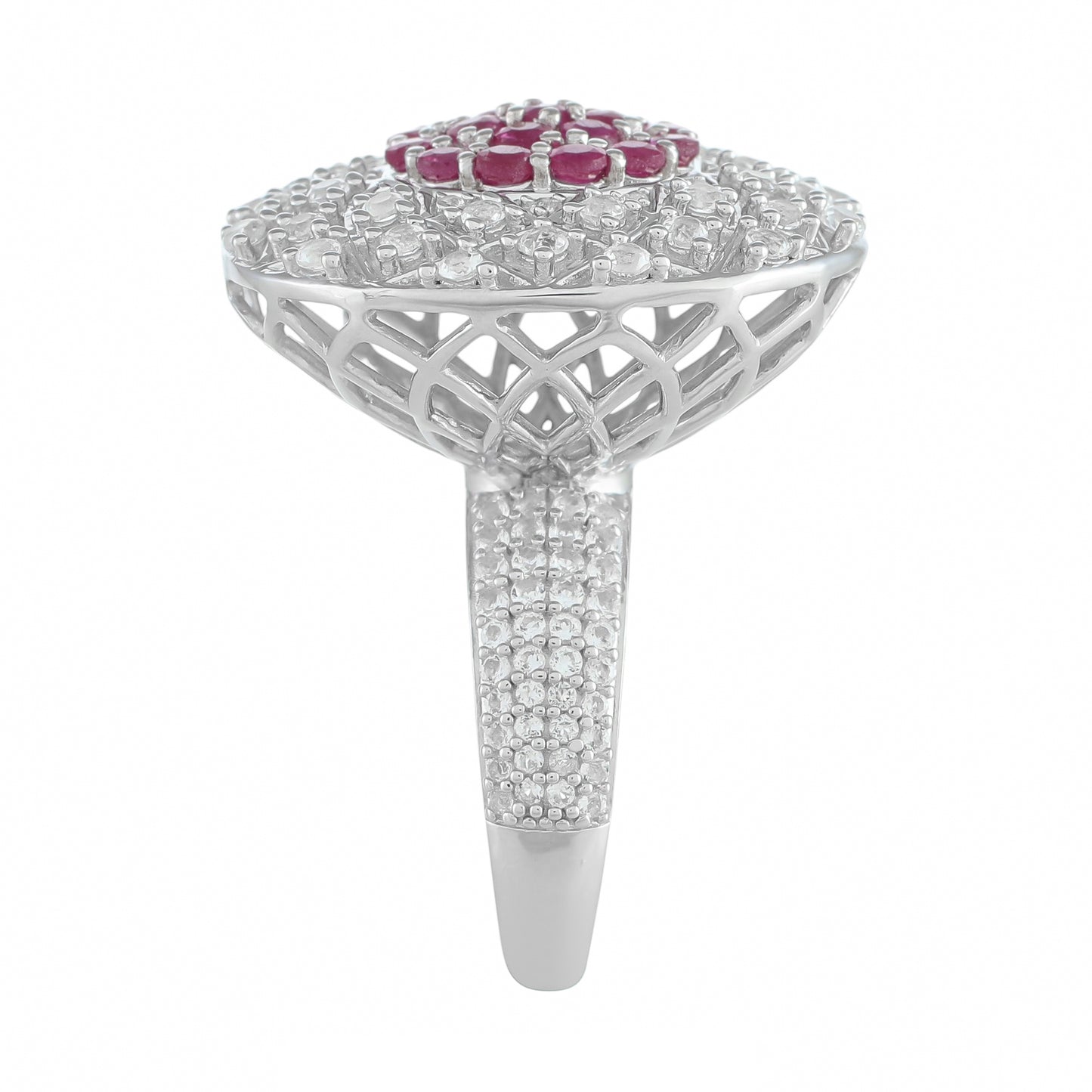 Stříbro 925/1000 - Prsten s Thajským Rubínem a Bílým Topazem - Karátové číslo: 3.16. přibližná hmotnost: 9.87 gramů