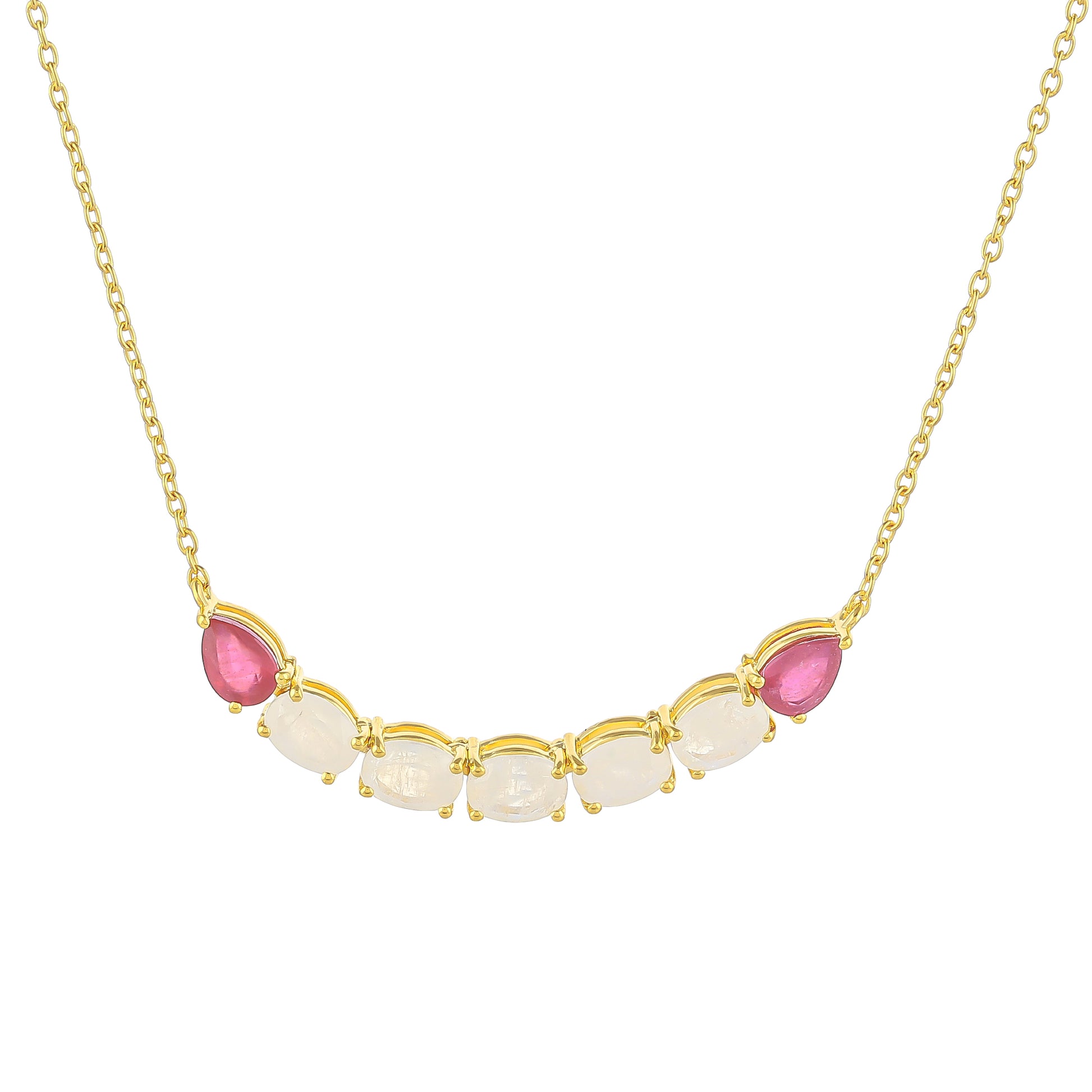 Pozlacený Stříbrný Náhrdelník s Duhovým Měsíčním Kamenem a Thajským Rubínem 1 