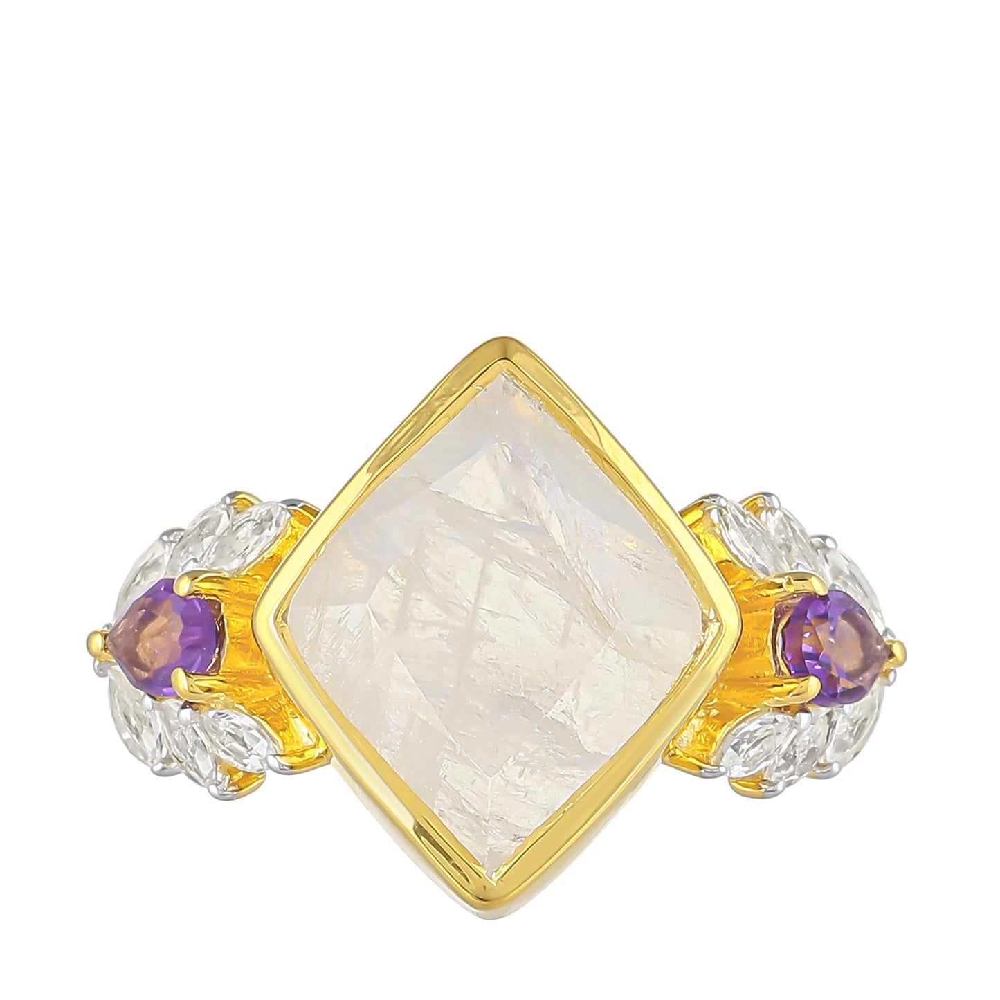 Pozlacený Stříbrný Prsten s Duhovým Měsíčním Kamenem a Brazilským Ametystem