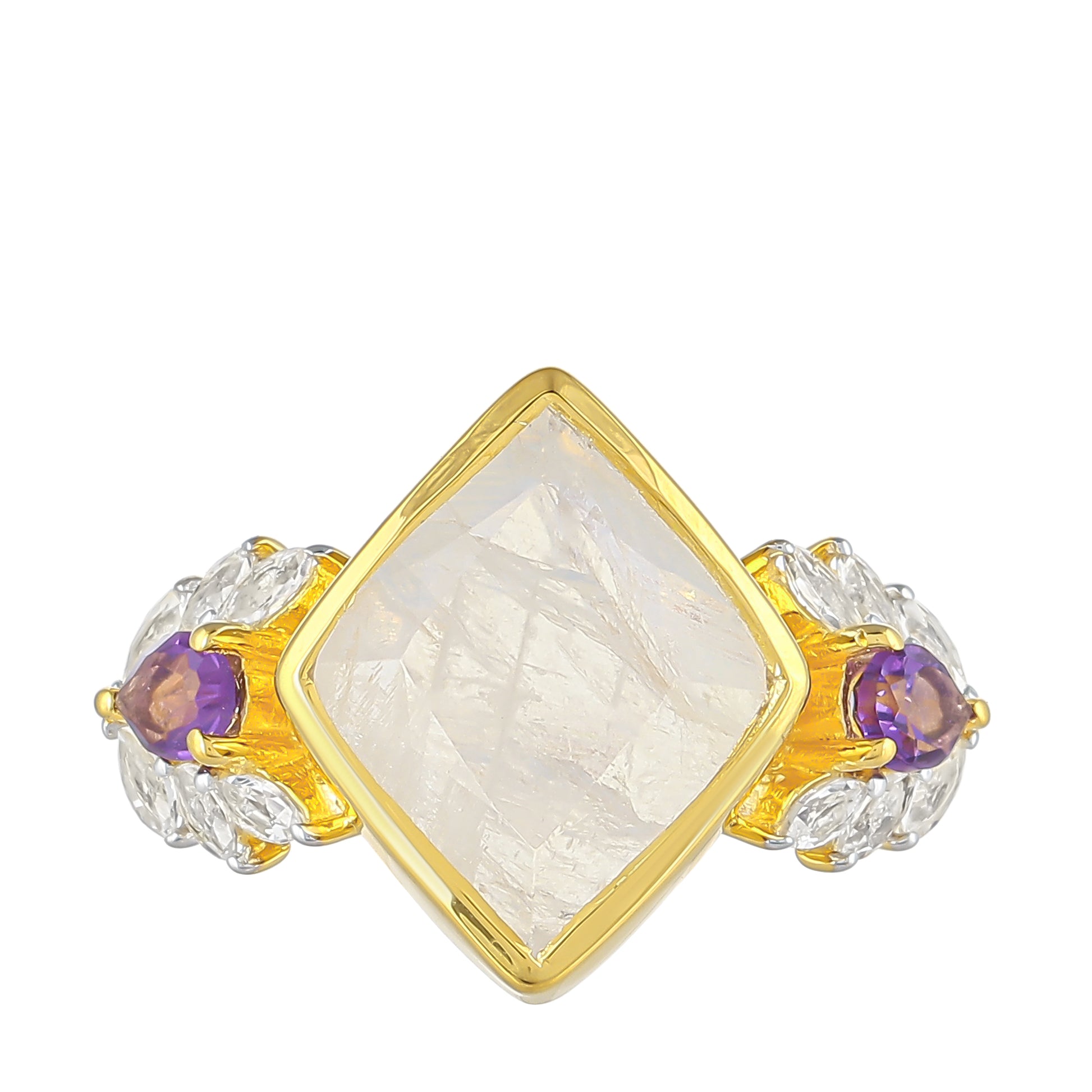 Pozlacený Stříbrný Prsten s Duhovým Měsíčním Kamenem a Brazilským Ametystem 1 