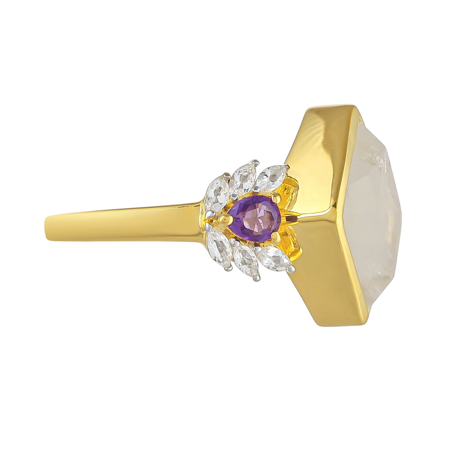 Pozlacený Stříbrný Prsten s Duhovým Měsíčním Kamenem a Brazilským Ametystem