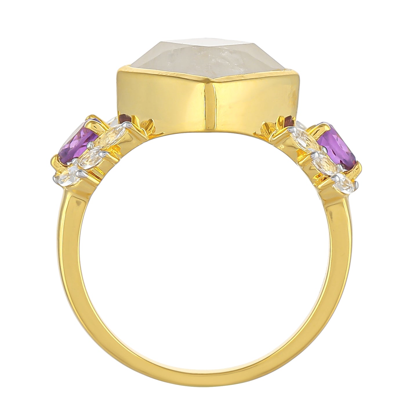 Pozlacený Stříbrný Prsten s Duhovým Měsíčním Kamenem a Brazilským Ametystem