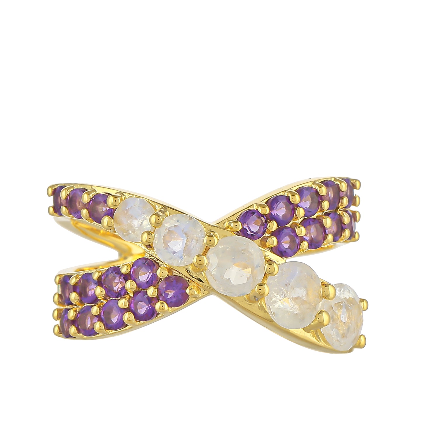 Pozlacený 925 / 1000 Sterlingové Stříbro Prsten s Duhovým Měsíčním Kamenem a Brazilským Ametystem