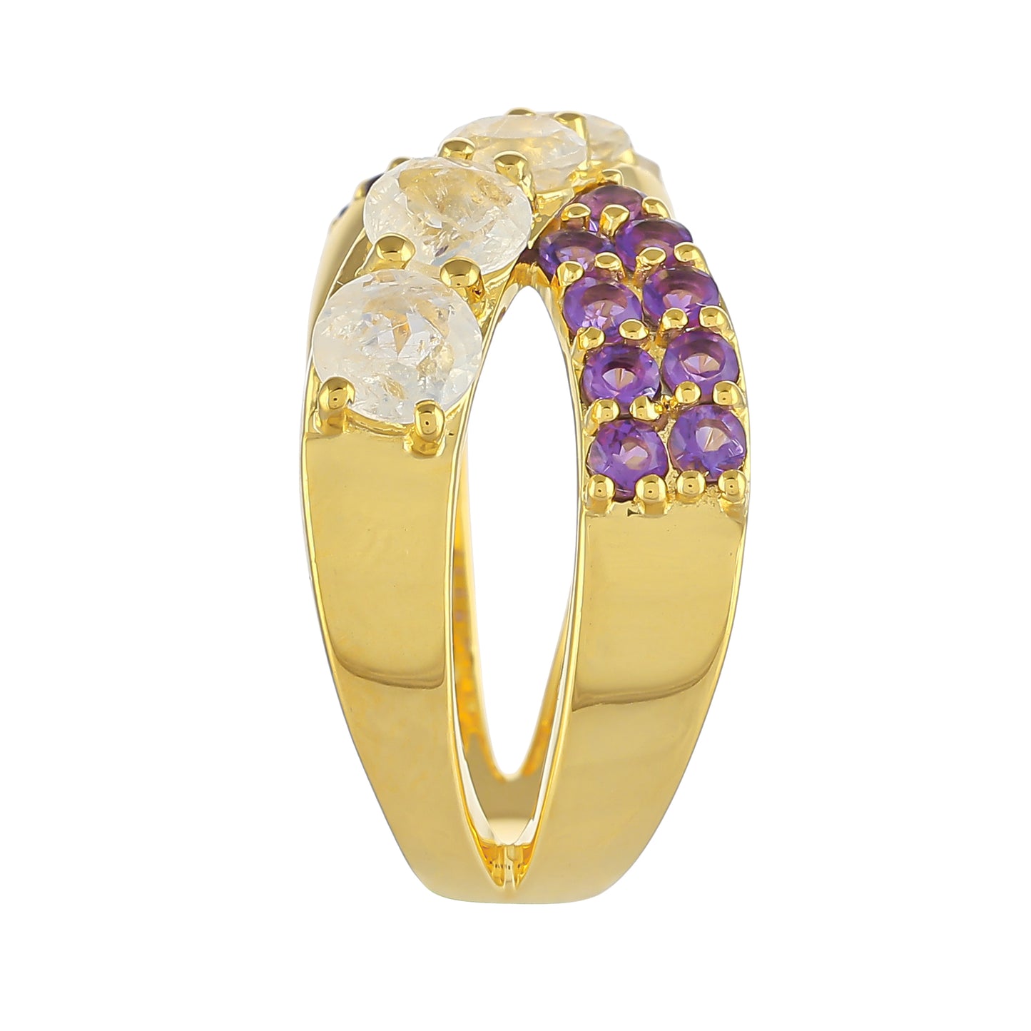Pozlacený 925 / 1000 Sterlingové Stříbro Prsten s Duhovým Měsíčním Kamenem a Brazilským Ametystem
