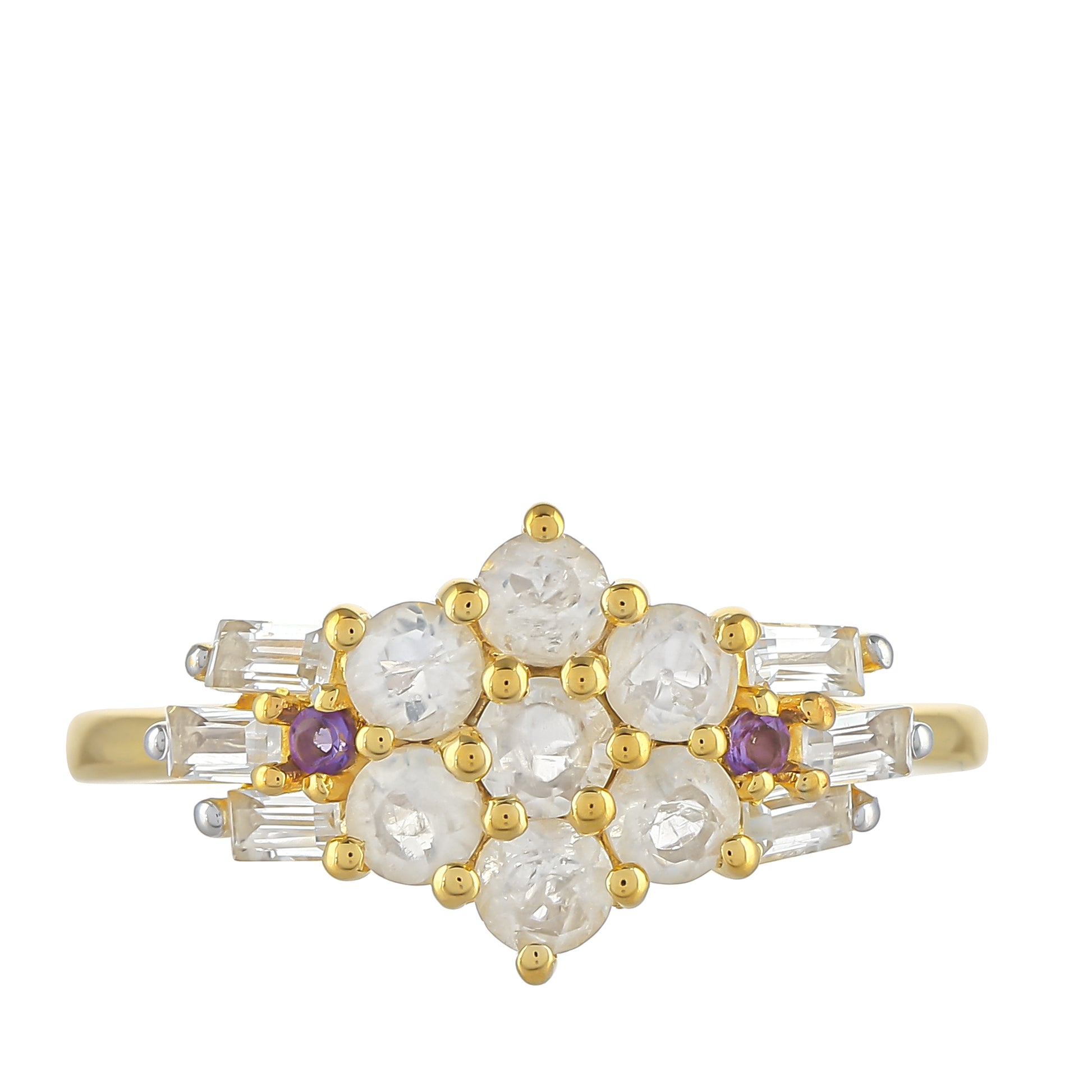 Pozlacený 925 / 1000 Sterlingové Stříbro Prsten s Duhovým Měsíčním Kamenem a Brazilským Ametystem 1 